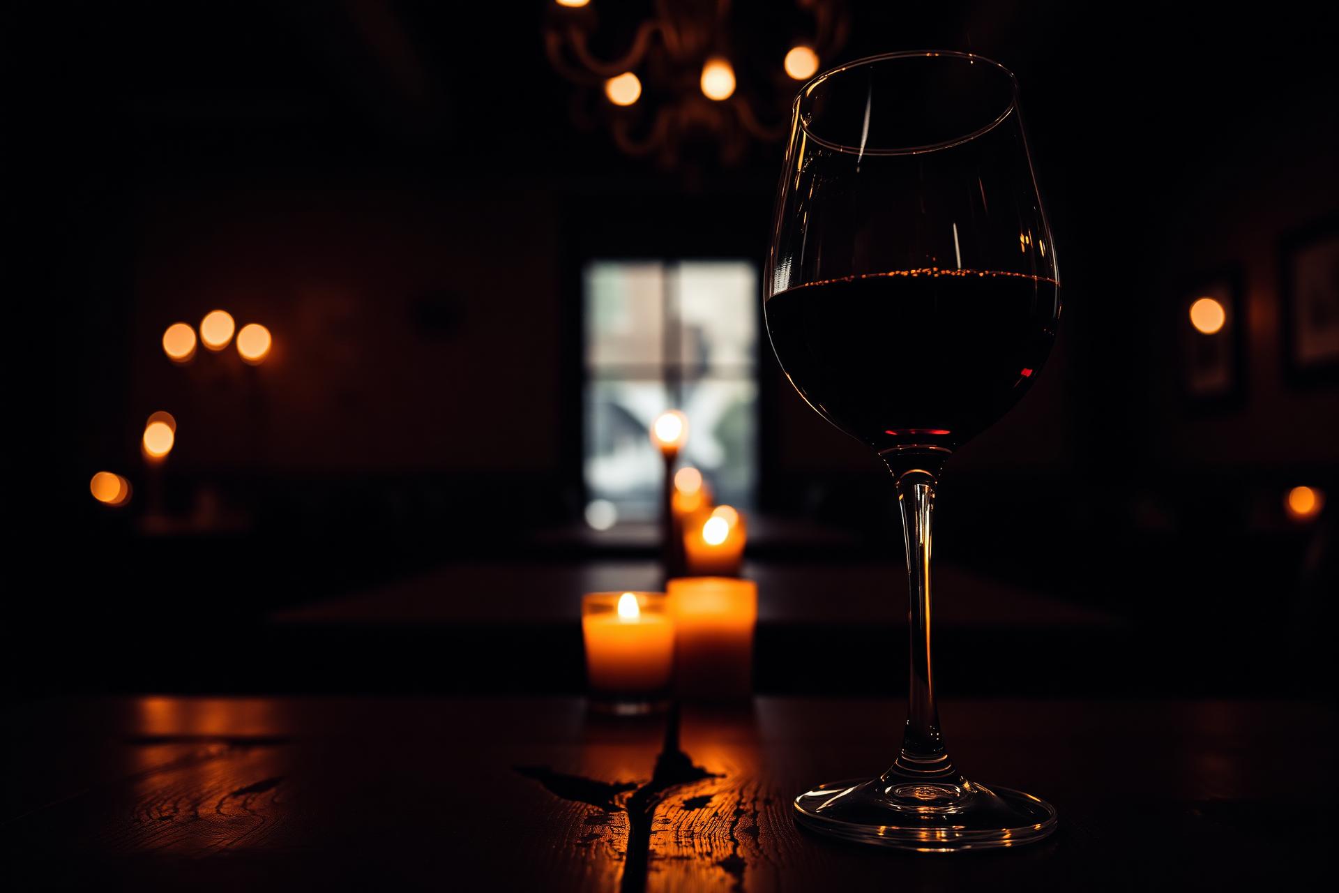 A glass of red wine on a dark table lit by candles