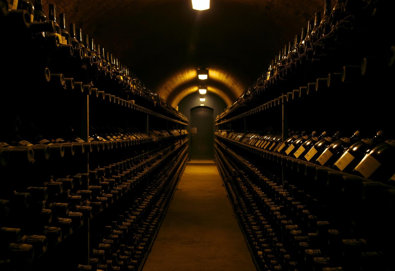 Wine cellar with rows of bottles